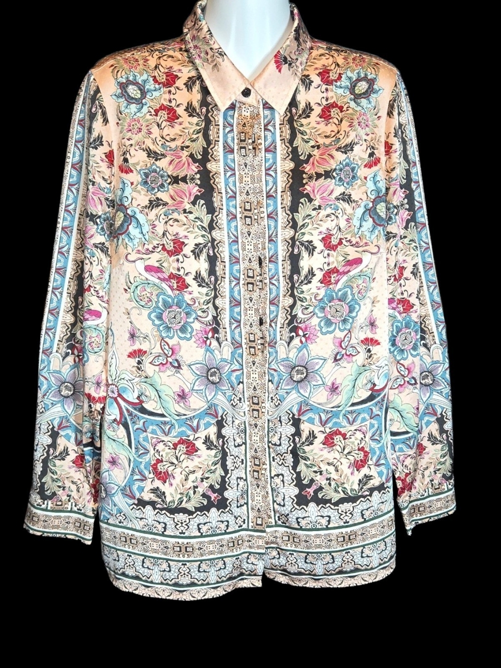 Chico's Cream Floral Paisley Button-Front Shirt with Blue & Pink Accents